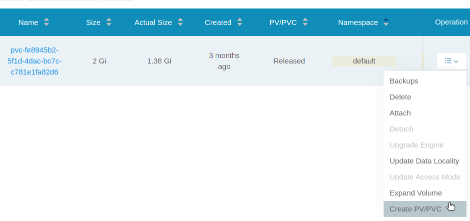 longhorn UI volume create PV/PVC step 1