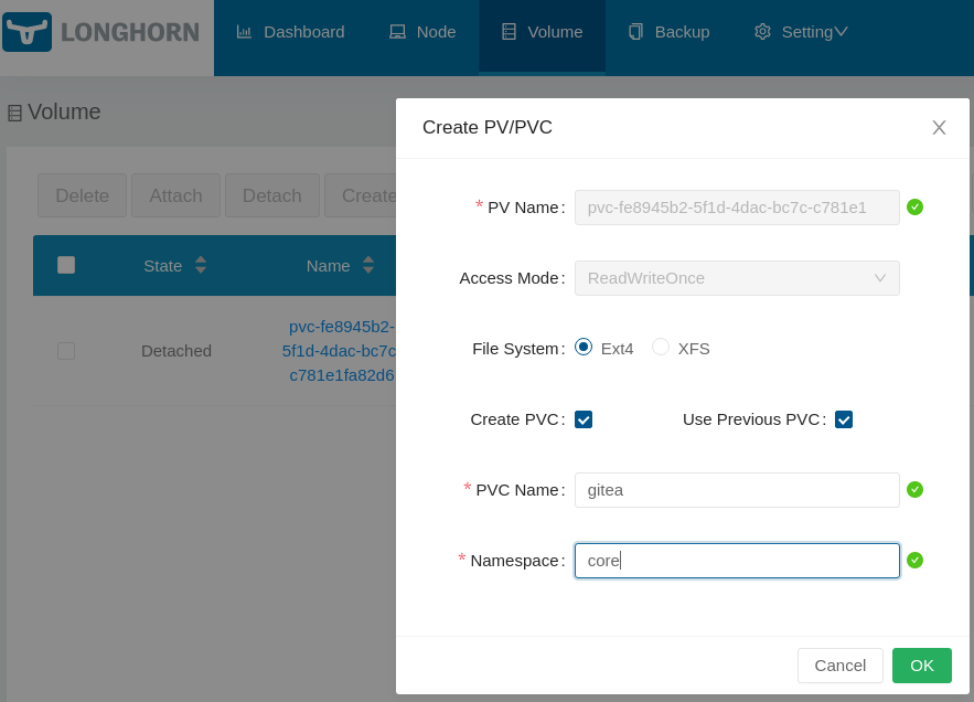 longhorn UI volume create PV/PVC step 2