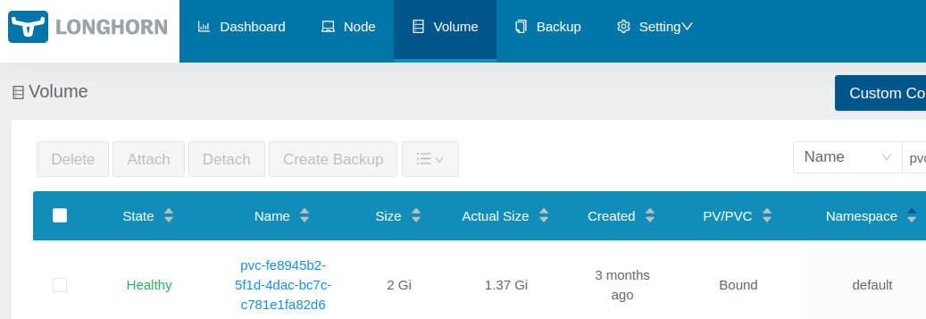 longhorn UI showing volume in default namespace