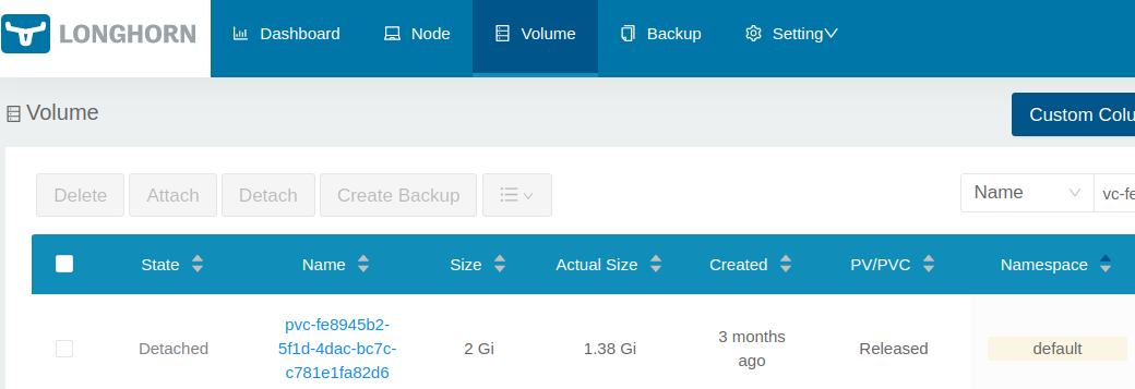 longhorn UI showing Released volume in default namespace